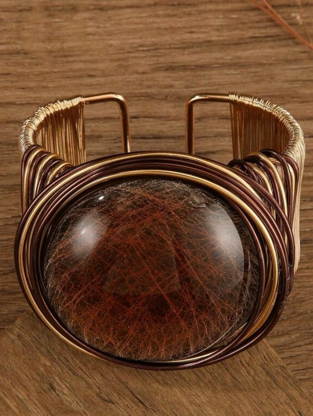 Handcrafted Brown and Gold Wire Wrapped Statement Cuff Bracelet